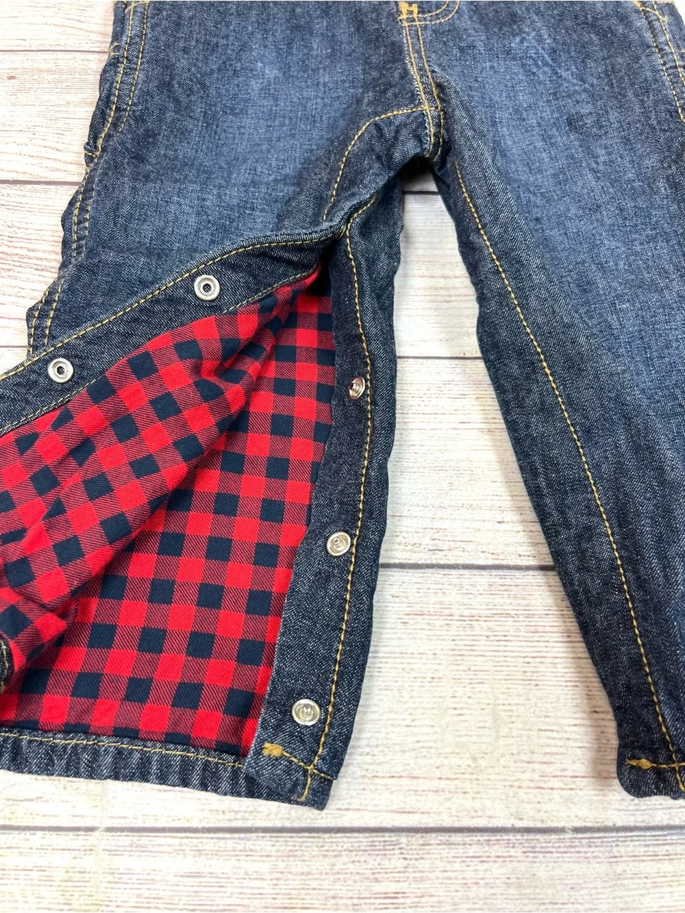 Oshkosh B'Gosh Denim Bib Overalls Vestbak Button Up Snaps Flannel Size 24 Months